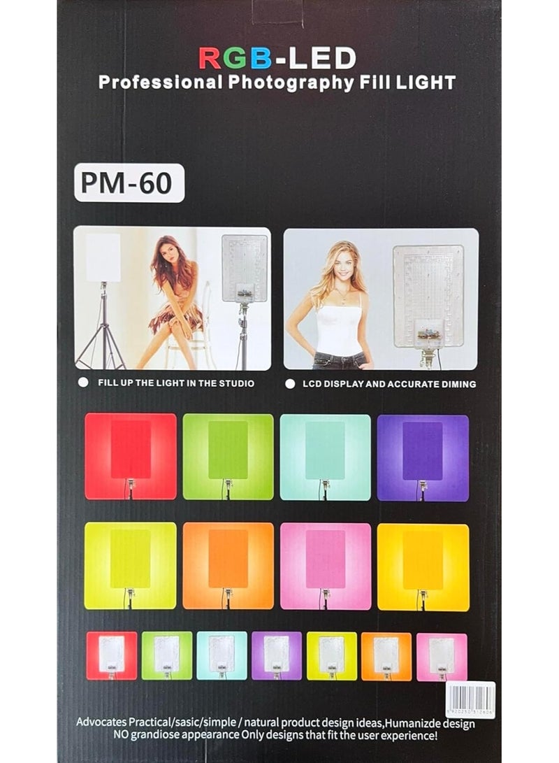 إضاءة ملء التصوير الفوتوغرافي LED RGB، إضاءة استوديو احترافية مع شاشة LCD، لوحة متعددة الألوان، قابلة للتعتيم، PM-60 - Image 4