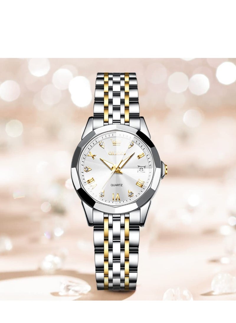 أوليفز OLEVS ساعة نسائية موضة فستان الماس ساعة نسائية انالوج كوارتز ستانلس ستيل مقاوم للماء تاريخ مضيء ساعة بلونين - Image 1