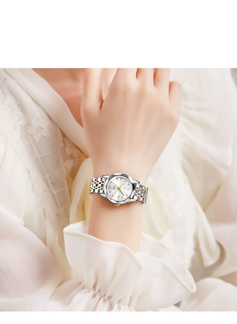 أوليفز OLEVS ساعة نسائية موضة فستان الماس ساعة نسائية انالوج كوارتز ستانلس ستيل مقاوم للماء تاريخ مضيء ساعة بلونين - Image 4