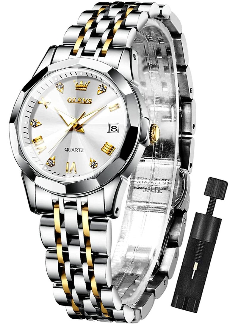 أوليفز OLEVS ساعة نسائية موضة فستان الماس ساعة نسائية انالوج كوارتز ستانلس ستيل مقاوم للماء تاريخ مضيء ساعة بلونين - Image 3