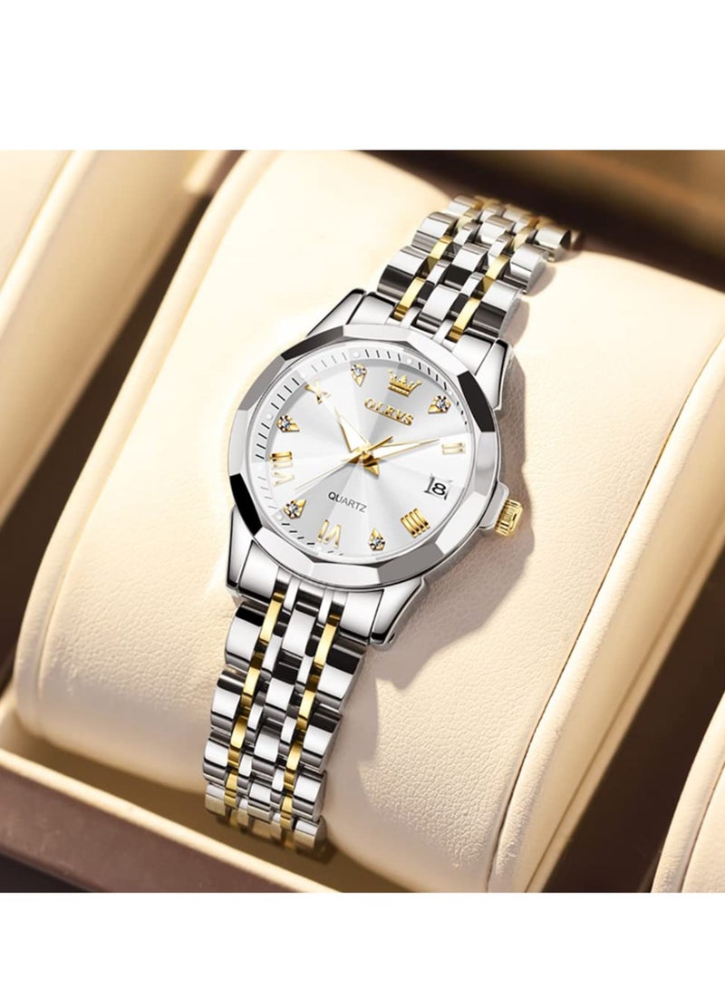 أوليفز OLEVS ساعة نسائية موضة فستان الماس ساعة نسائية انالوج كوارتز ستانلس ستيل مقاوم للماء تاريخ مضيء ساعة بلونين - Image 2
