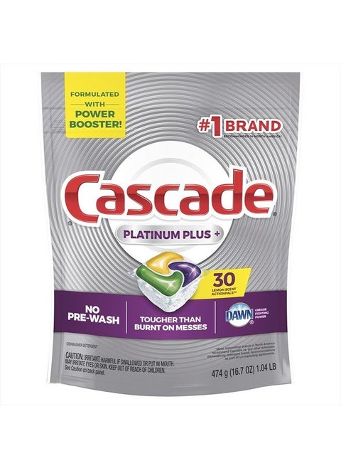 Platinum Dishwasher Pods, Actionpacs Dishwasher Detergent with Dishwasher Cleaner Action, Lemon Platinum Plus, 30 Count