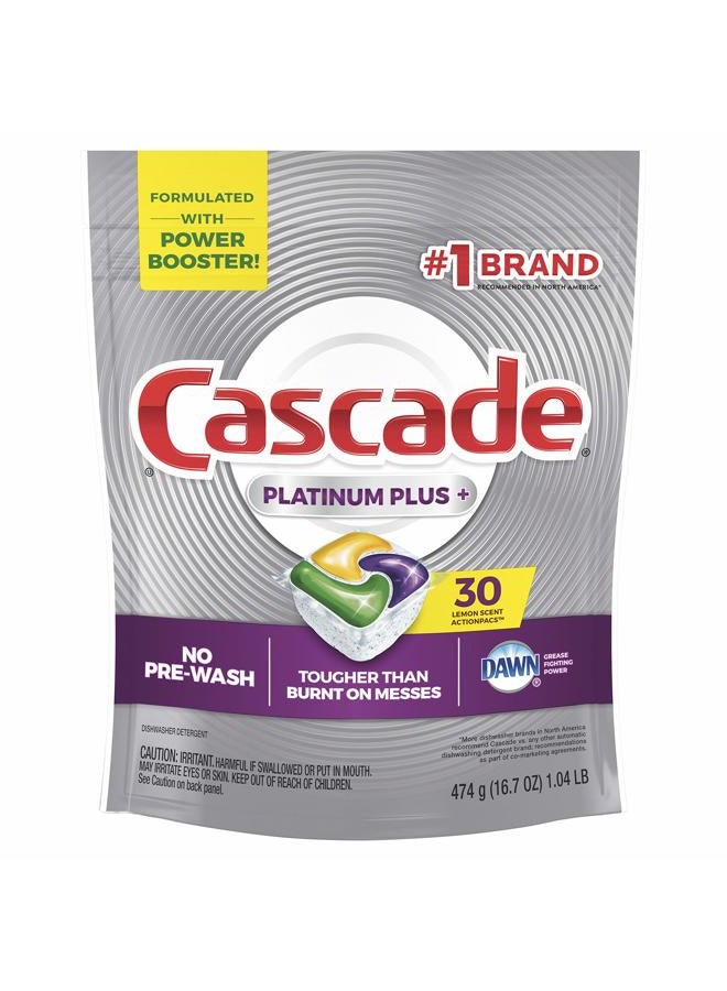 Cascade أقراص غسالة الصحون بلاتينيوم، منظف غسالة الصحون أكشن باكس مع عمل منظف غسالة الصحون، ليمون بلاتينيوم بلس، 30 قطعة - Image 1