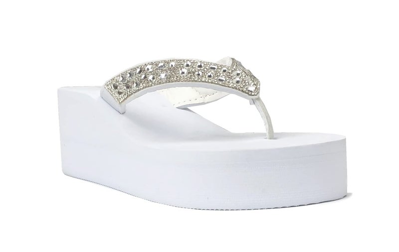 REDVOLUTION New Women's Rhinestone Sandals High | Low Platform T-Strap Jewel Sandals High Wedge Flip Flops (Bubbly-H [white], numeric_7) - Image 2
