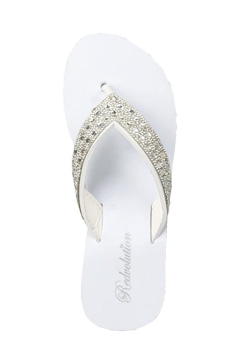 REDVOLUTION New Women's Rhinestone Sandals High | Low Platform T-Strap Jewel Sandals High Wedge Flip Flops (Bubbly-H [white], numeric_7) - Image 3