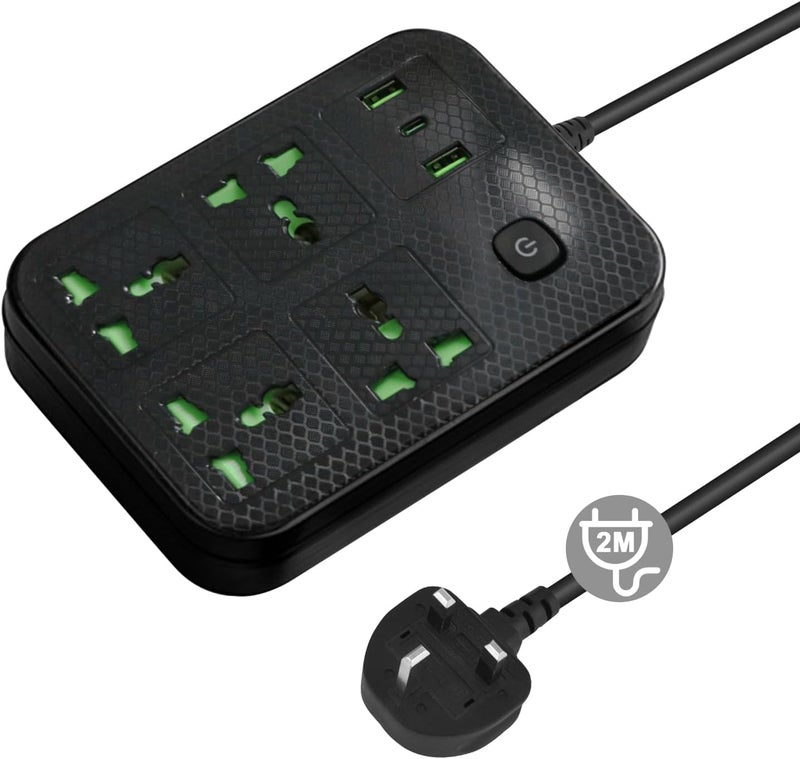 Necomi Universal Power Cord Expansion Lead Socket, Necomi Wall Plug Adapter with,(2.1A)2 x USB, 1 x Type C and 4 Group Smart Power Outlets, Surge Protection UK Plug Power Cord for Home Office (2M/Black) - Image 1