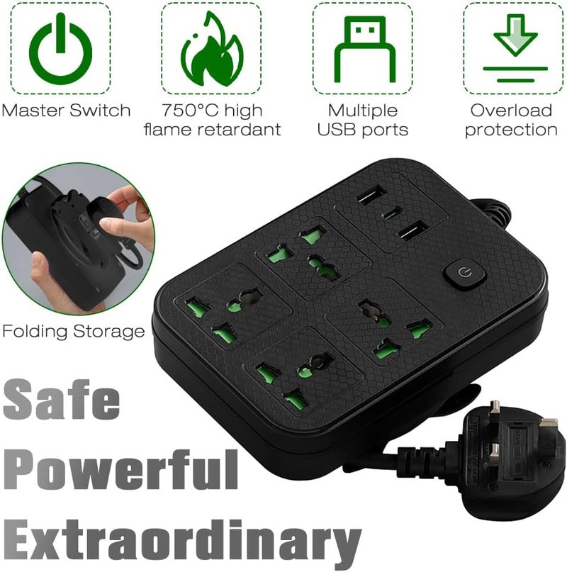 Necomi Universal Power Cord Expansion Lead Socket, Necomi Wall Plug Adapter with,(2.1A)2 x USB, 1 x Type C and 4 Group Smart Power Outlets, Surge Protection UK Plug Power Cord for Home Office (2M/Black) - Image 3