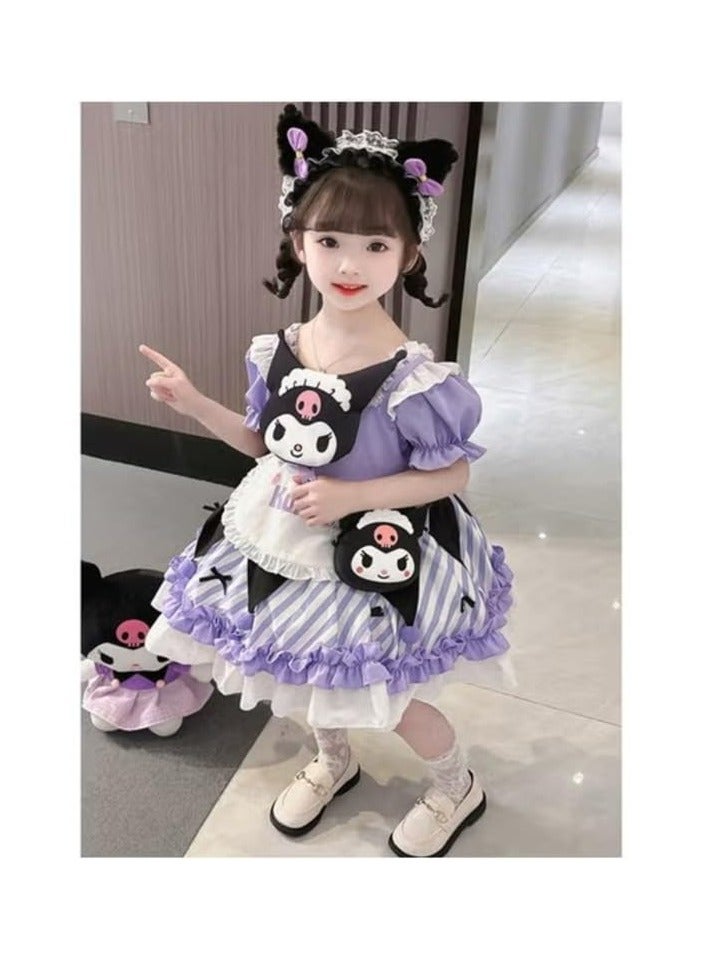 CMGTYYD Maid Costume Dress with Apron, Purple and Black, Cute Style with Cat Character Design 120CM - Image 1