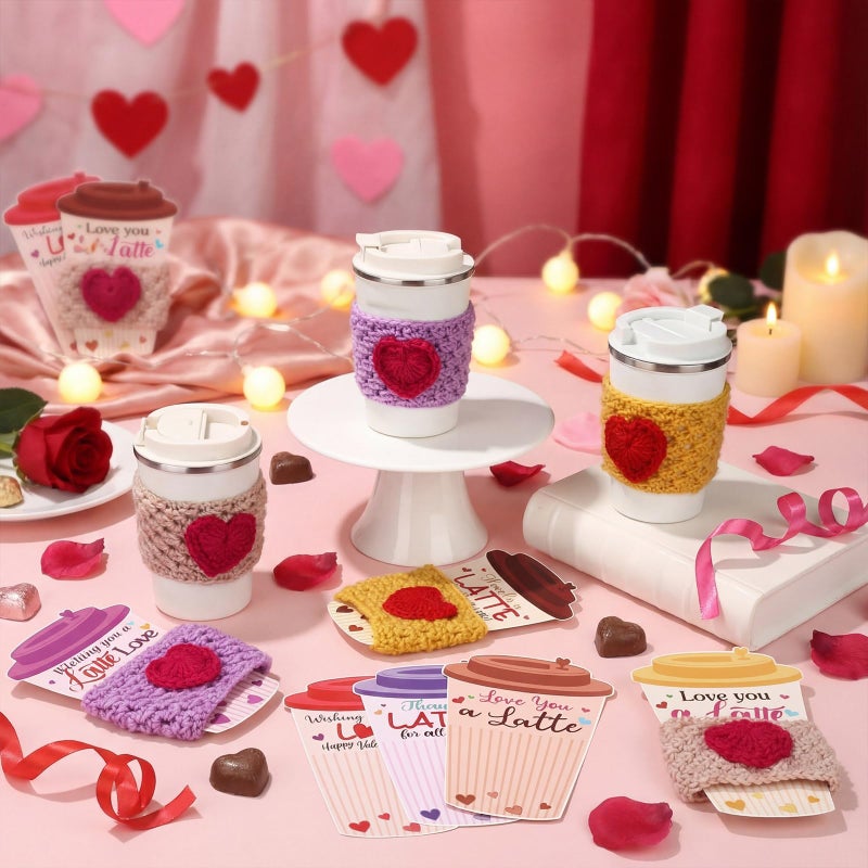 Potchen 6 Set Valentine's Day Gift Card Holders with Heart Crochet Coffee Cozy Sleeve Valentines Coffee Cup Gift Card Sleeves for Appreciation Teacher Friends Colleague Staff Party Favors - Image 2