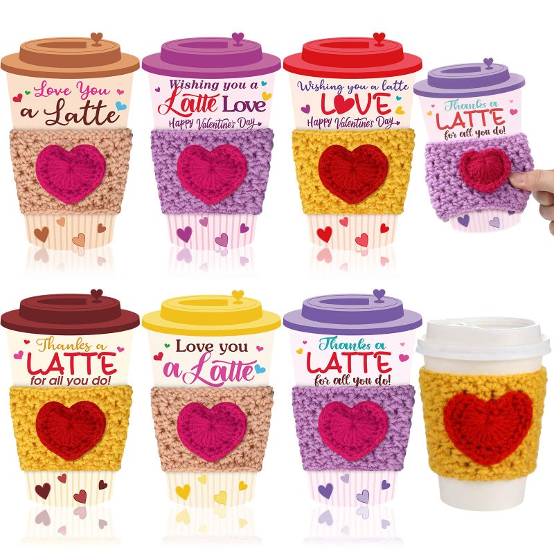 Potchen 6 Set Valentine's Day Gift Card Holders with Heart Crochet Coffee Cozy Sleeve Valentines Coffee Cup Gift Card Sleeves for Appreciation Teacher Friends Colleague Staff Party Favors - Image 1