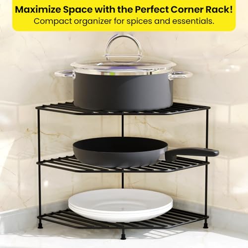 WonderStand KONA+ | 3-Tier GI Steel Corner Storage Rack With extra base shelf : A Versatile Solution to Organize Kitchen Plate and Dishes (Black) - Image 5