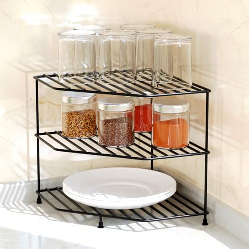 WonderStand KONA+ | 3-Tier GI Steel Corner Storage Rack With extra base shelf : A Versatile Solution to Organize Kitchen Plate and Dishes (Black) - Image 1