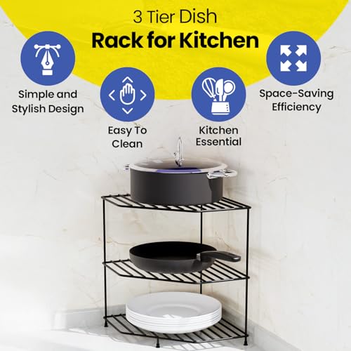 WonderStand KONA+ | 3-Tier GI Steel Corner Storage Rack With extra base shelf : A Versatile Solution to Organize Kitchen Plate and Dishes (Black) - Image 2