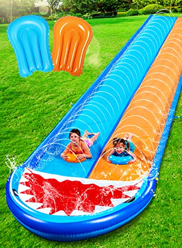 Sloosh Shark Double Water Slide 225ft Heavy Duty Lawn Water Slip with Sprinkler Slide and 2 Slip Inflatable Boards for Party Summer Yard Lawn Outdoor Play Activities - Image 1
