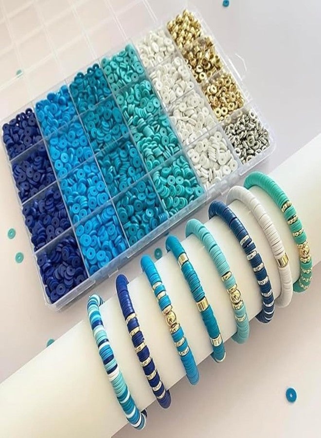 TRYV 4320PCS Blue Clay Bead Bracelet Kit, 6mm Heishi Polymer Beads & Gold/Silver Spacers for Jewelry Making, DIY Friendship Bracelets Craft Kit with Charms & Crystal Elastic Cord - Gifts for Girls, Teens, Adults - Image 2