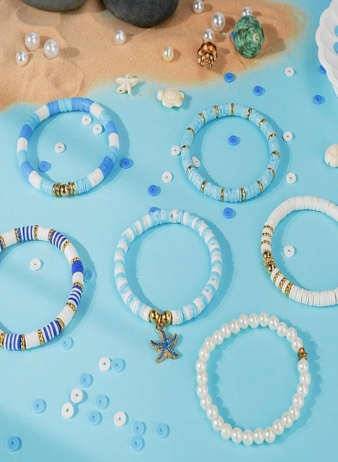 TRYV 4320PCS Blue Clay Bead Bracelet Kit, 6mm Heishi Polymer Beads & Gold/Silver Spacers for Jewelry Making, DIY Friendship Bracelets Craft Kit with Charms & Crystal Elastic Cord - Gifts for Girls, Teens, Adults - Image 5