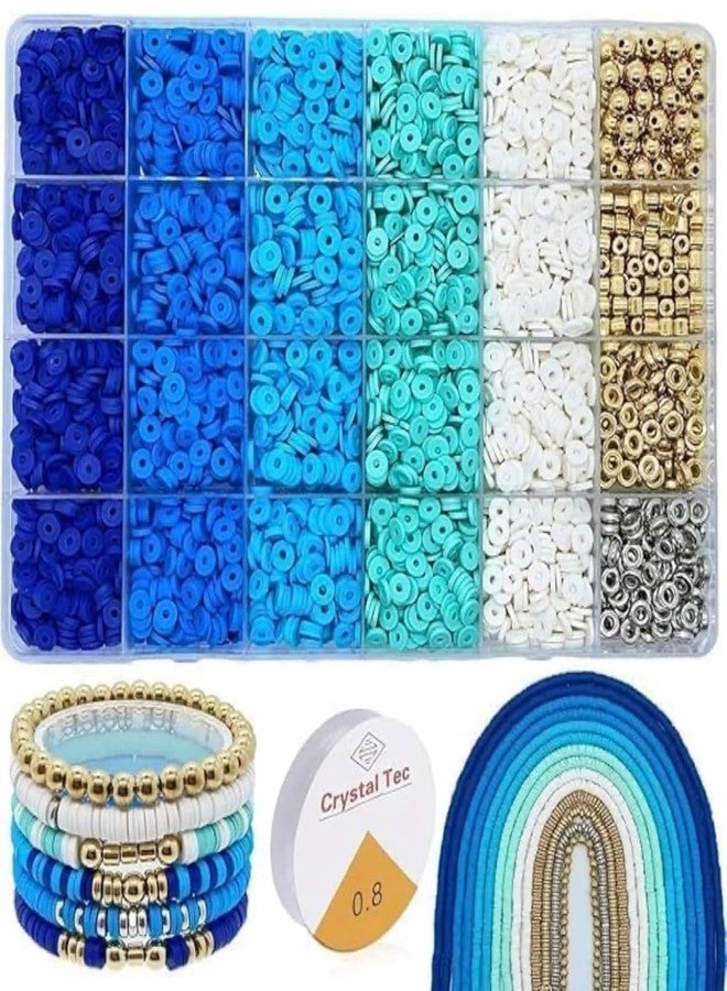 TRYV 4320PCS Blue Clay Bead Bracelet Kit, 6mm Heishi Polymer Beads & Gold/Silver Spacers for Jewelry Making, DIY Friendship Bracelets Craft Kit with Charms & Crystal Elastic Cord - Gifts for Girls, Teens, Adults - Image 1