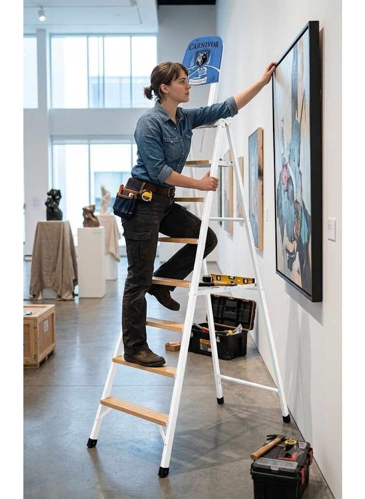 Robustline Heavy Duty Steel Ladder, Ultra Stable Folding Ladder. (7 Step, White) - Image 3