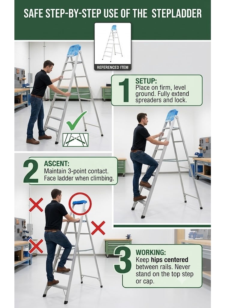 Robustline Heavy Duty Steel Ladder, Ultra Stable Folding Ladder. (7 Step, White) - Image 2