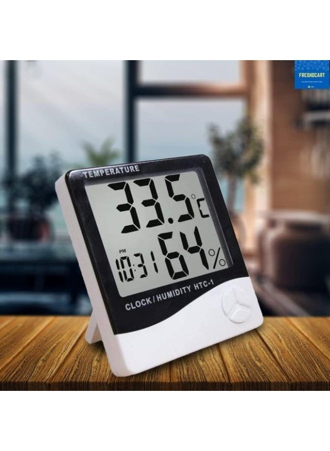 إتش تي سي جهاز HTC-1 الرقمي لقياس درجة الحرارة والرطوبة مع ساعة ومنبه - شاشة LCD كبيرة للمنزل والمكتب - Image 1