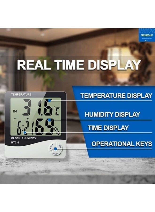إتش تي سي جهاز HTC-1 الرقمي لقياس درجة الحرارة والرطوبة مع ساعة ومنبه - شاشة LCD كبيرة للمنزل والمكتب - Image 2