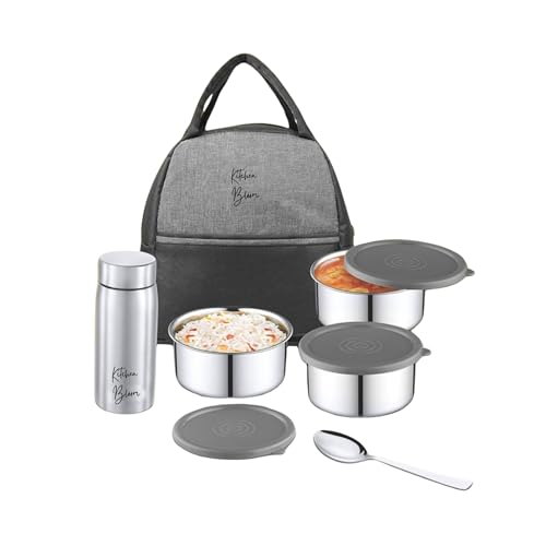Kitchen Bloom Stainless Steel Bento Lunch Box, 3 Compartments, with Steel Cutlery, Insulated Tiffin Box for Office, Men, Women, Kids (Lunch Box with Bag and 3 containers) - Image 1