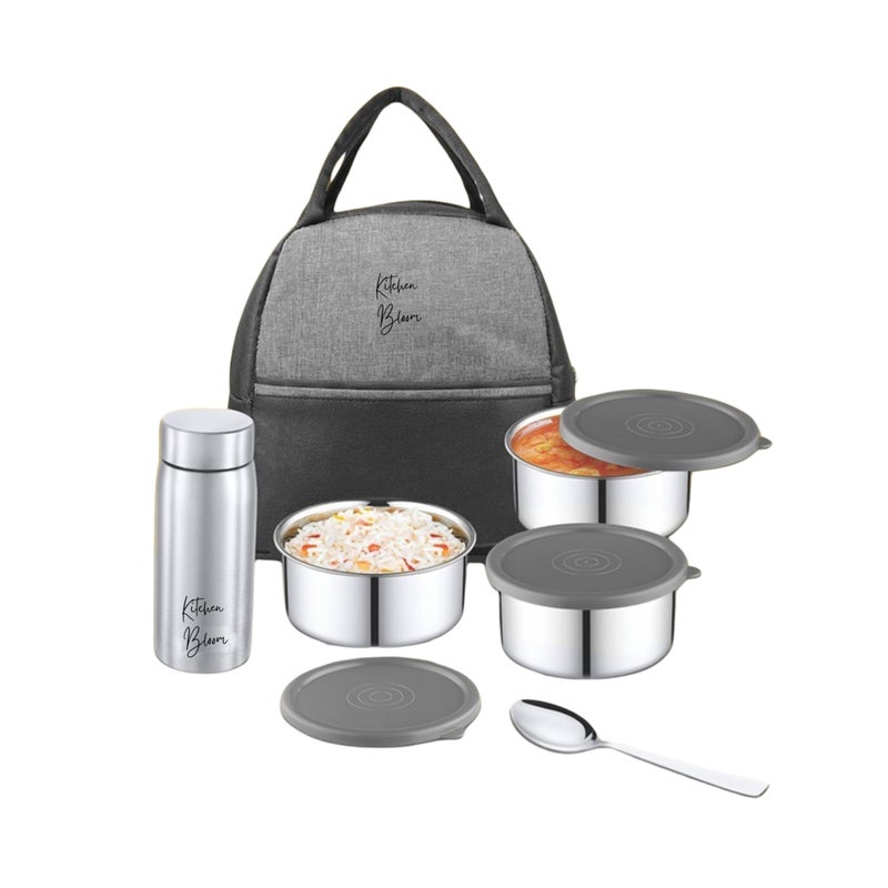 Kitchen Bloom Stainless Steel Bento Lunch Box, 3 Compartments, with Steel Cutlery, Insulated Tiffin Box for Office, Men, Women, Kids (Lunch Box with Bag and 3 containers) - Image 3