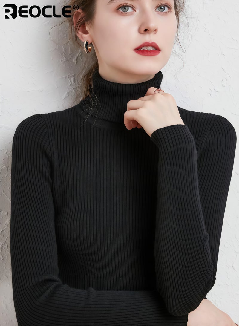 REOCLE Women's Turtleneck Sweater with Ribbed Knit Design and Warm Wool Blend Slim Fit Top with Commute Ready Style for Office Professional Wear - Image 1