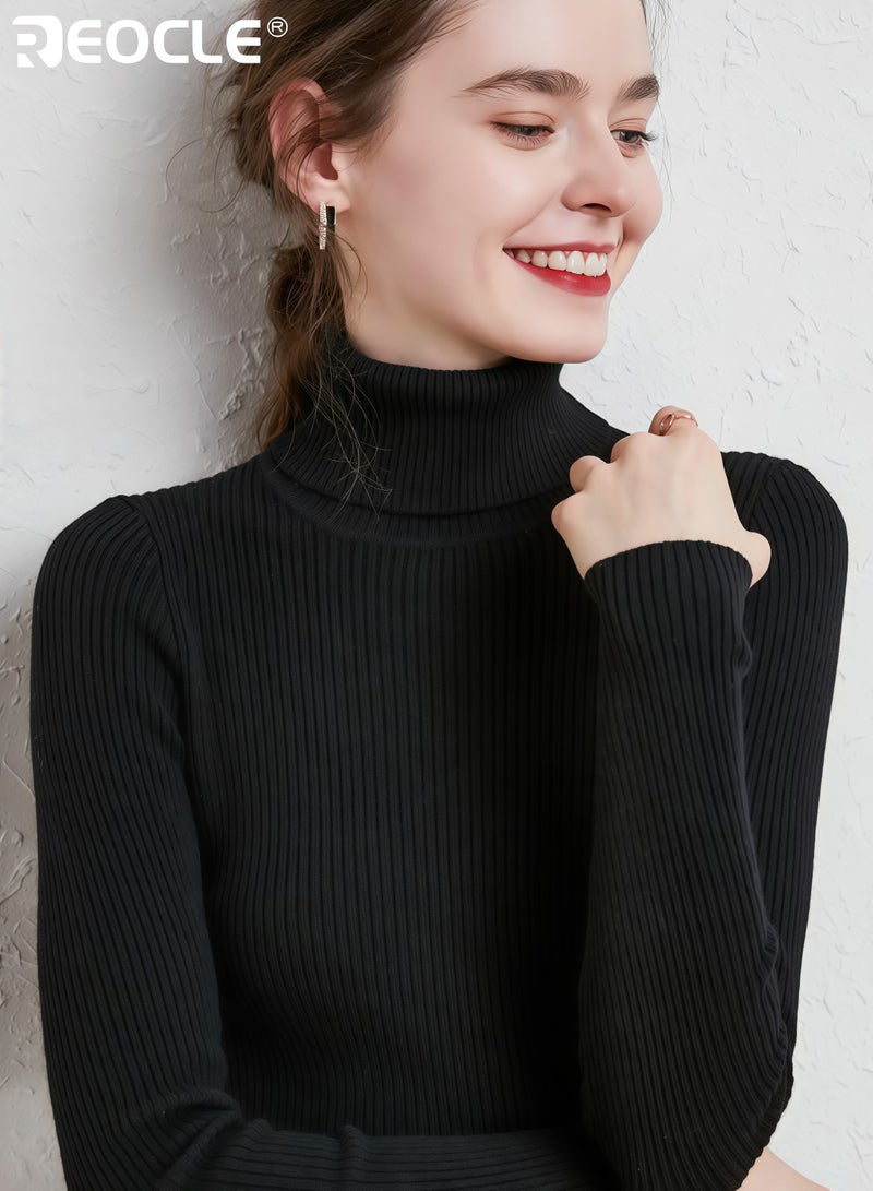 REOCLE Women's Turtleneck Sweater with Ribbed Knit Design and Warm Wool Blend Slim Fit Top with Commute Ready Style for Office Professional Wear - Image 2