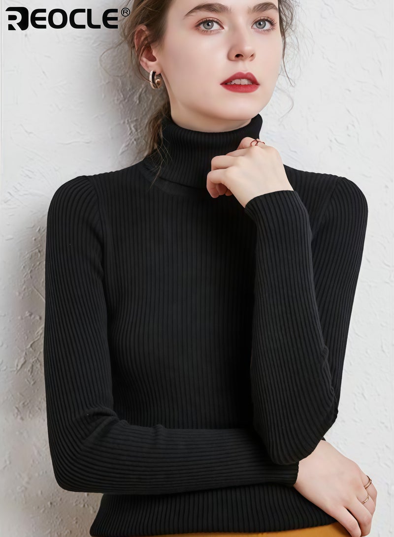 REOCLE Women's Turtleneck Sweater with Ribbed Knit Design and Warm Wool Blend Slim Fit Top with Commute Ready Style for Office Professional Wear - Image 3