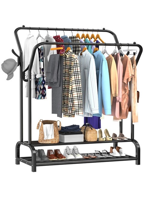 Garment Rack Clothes Rack Freestanding Hanger Double Rails Bedroom Clothing Rack With 2-Tier Lower Storage Shelf Black 110x35x146cm