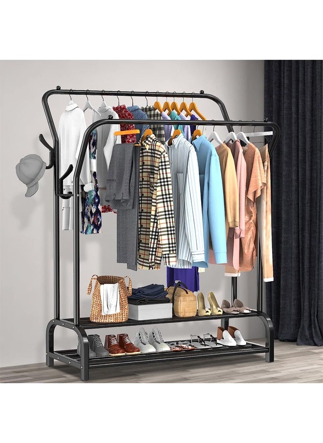 Taimi - Garment Rack Clothes Rack Freestanding Hanger Double Rails Bedroom Clothing Rack With 2-Tier Lower Storage Shelf Black 110x35x146cm - Image 1