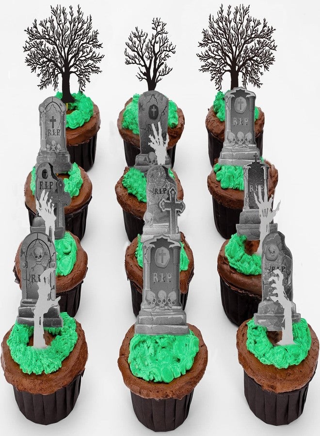 Whaline 37Pcs Halloween Cupcake Toppers Zombie Hand Tombstone Graveyard Cake Toppers Scary Halloween Toothpick Flags Table Centerpiece for Birthday Party Supplies Dessert Decorations - Image 1