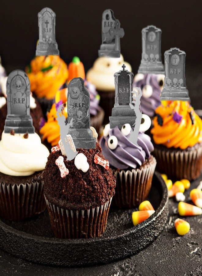 Whaline 37Pcs Halloween Cupcake Toppers Zombie Hand Tombstone Graveyard Cake Toppers Scary Halloween Toothpick Flags Table Centerpiece for Birthday Party Supplies Dessert Decorations - Image 3