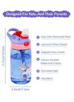URbazaar 480ml Kids Water Bottle with Straw Leakproof, BPA Free, Suitable for Boys and Girls(Unicorn)  - Image 2