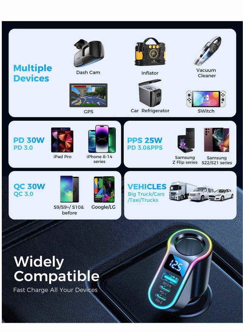 Captaintech Car Charger Adapter, Cigarette Lighter Splitter, 150W 4 in 1 USB PD3.0 QC3.0 30W Super Fast C - Image 5