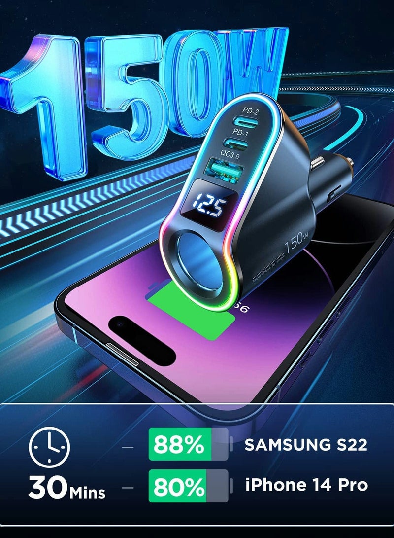 Captaintech Car Charger Adapter, Cigarette Lighter Splitter, 150W 4 in 1 USB PD3.0 QC3.0 30W Super Fast C - Image 2