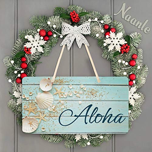 Naanle Aloha Door Sign Plaque with Rope, Wooden Seashell Hanging Sign Wall Art for Entrance Porch Front Home Garden Office Business Outdoor Decor 6 x 11 inches - Image 5