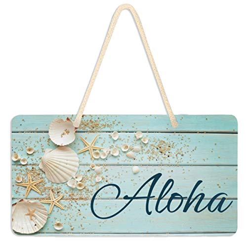 Naanle Aloha Door Sign Plaque with Rope, Wooden Seashell Hanging Sign Wall Art for Entrance Porch Front Home Garden Office Business Outdoor Decor 6 x 11 inches - Image 1