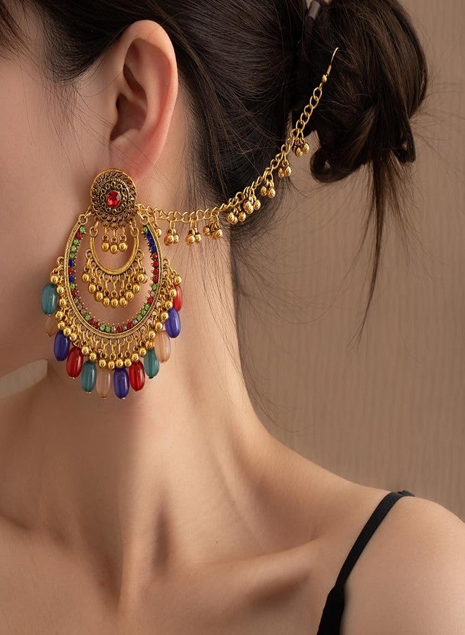 OIDIMS Colorful Beaded Indian Earrings for Women Gold-Tone Plated Cubic Zirconia Boho Tassel Dangle Earring Drop Chandelier Traditional Ethnic Gypsy Jewelry Bollywood Party Jhumka Festival Wedding Hair Accessory - Image 2