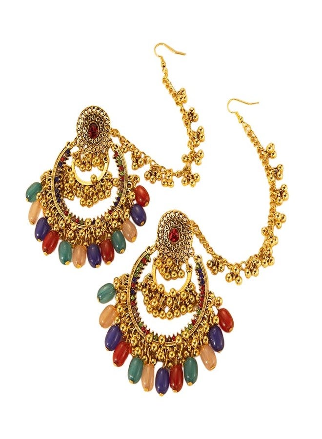 OIDIMS Colorful Beaded Indian Earrings for Women Gold-Tone Plated Cubic Zirconia Boho Tassel Dangle Earring Drop Chandelier Traditional Ethnic Gypsy Jewelry Bollywood Party Jhumka Festival Wedding Hair Accessory - Image 1