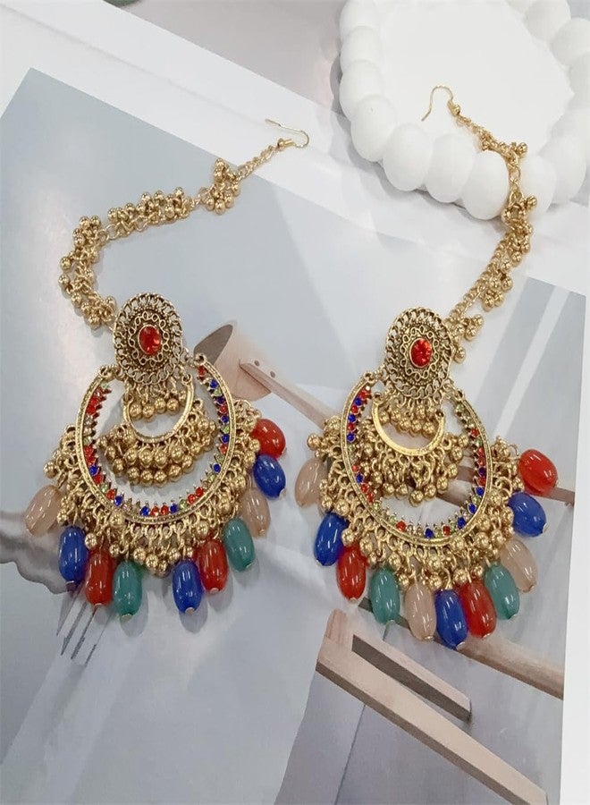 OIDIMS Colorful Beaded Indian Earrings for Women Gold-Tone Plated Cubic Zirconia Boho Tassel Dangle Earring Drop Chandelier Traditional Ethnic Gypsy Jewelry Bollywood Party Jhumka Festival Wedding Hair Accessory - Image 4