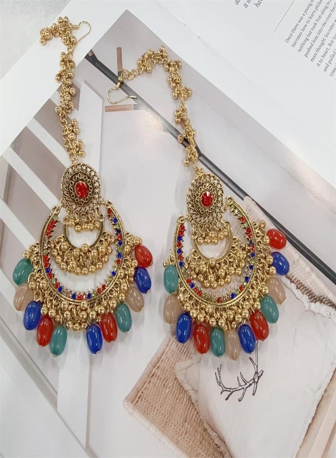 OIDIMS Colorful Beaded Indian Earrings for Women Gold-Tone Plated Cubic Zirconia Boho Tassel Dangle Earring Drop Chandelier Traditional Ethnic Gypsy Jewelry Bollywood Party Jhumka Festival Wedding Hair Accessory - Image 5