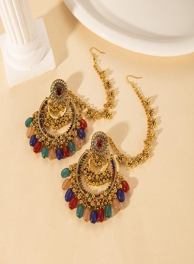OIDIMS Colorful Beaded Indian Earrings for Women Gold-Tone Plated Cubic Zirconia Boho Tassel Dangle Earring Drop Chandelier Traditional Ethnic Gypsy Jewelry Bollywood Party Jhumka Festival Wedding Hair Accessory - Image 3