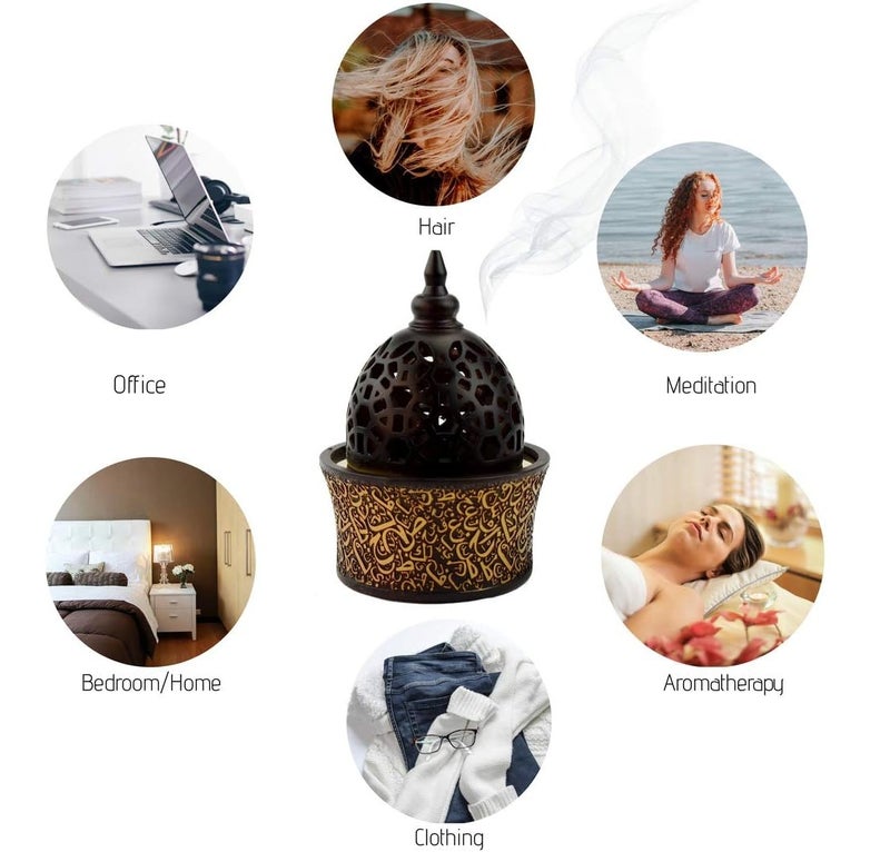 يونيترا مبخرة بخور من الراتنج من يونيتيرا مع صينية معدنية، بتصميم الخط العربي، مبخرة للعود والبخور لتزيين المنزل، والعلاج العطري، والتأمل، والمكتب، وكهدية، لون بني. - Image 2