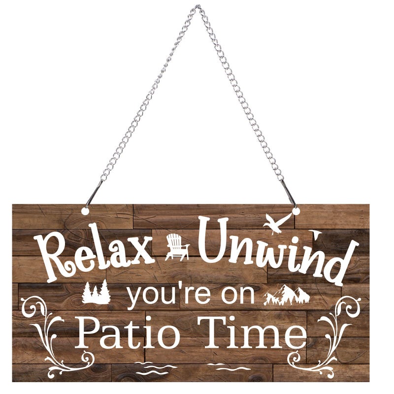 Hotop 10 x 5 Inch Outdoor Patio Sign Decoration Metal Patio Signs Decor for Backyard Porch Wall Art Balcony Gazebo Accessories Relax Placard for Summer Outside Decorations(White Words with Brown Base) - Image 1