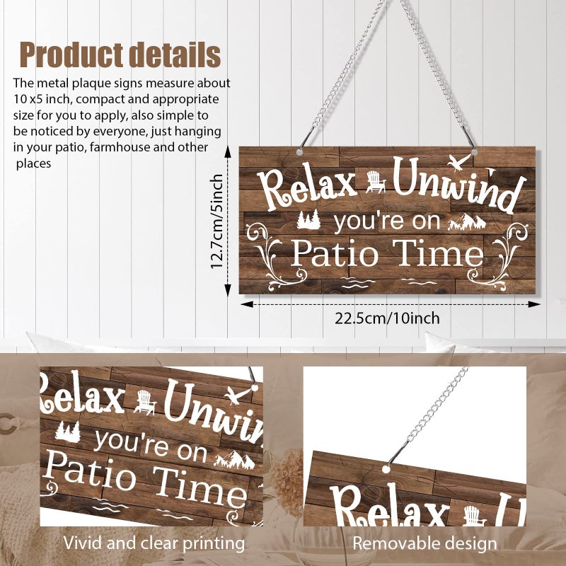 Hotop 10 x 5 Inch Outdoor Patio Sign Decoration Metal Patio Signs Decor for Backyard Porch Wall Art Balcony Gazebo Accessories Relax Placard for Summer Outside Decorations(White Words with Brown Base) - Image 2