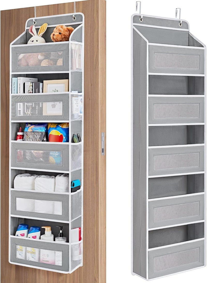 KITCHENOO Over-the-door storage organizer, 5-shelf hanging door organizer with 5 pockets, large capacity, anti-tilt, 44 lbs., behind-the-door storage for bedroom, bathroom, pantry, and nursery (grey) - Image 1