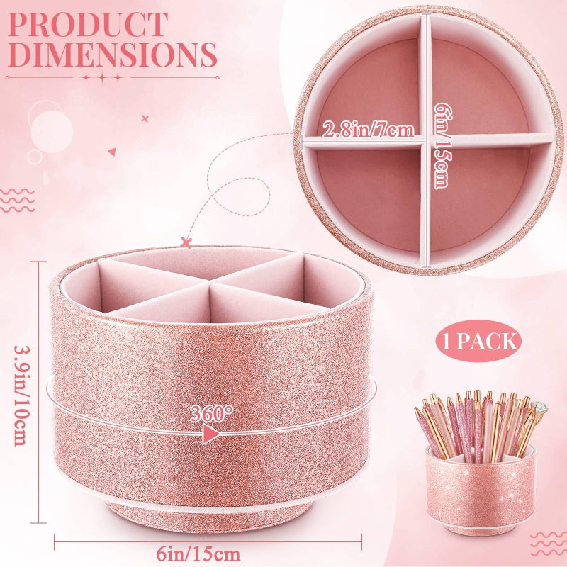 Epakh PU Leather Glitter Pen Holder 360 Degree Spinning Rose Gold Bling Pencil Cup Women Girls Makeup Brush Holder Organizer Cup Gift for Desk Office Classroom Home Festival (4 Compartments, 6 Inch) - Image 2