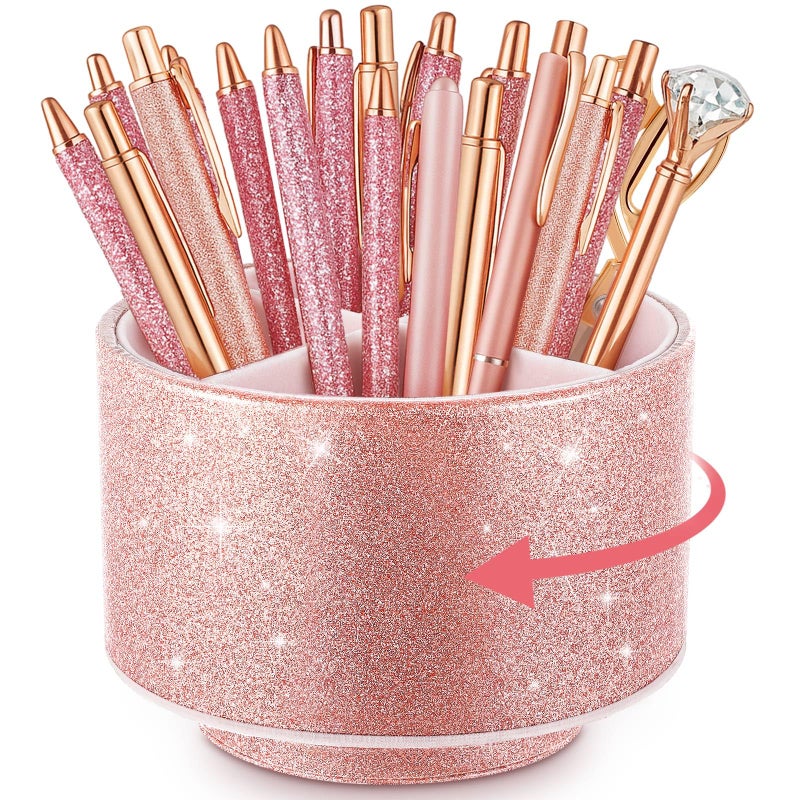 Epakh PU Leather Glitter Pen Holder 360 Degree Spinning Rose Gold Bling Pencil Cup Women Girls Makeup Brush Holder Organizer Cup Gift for Desk Office Classroom Home Festival (4 Compartments, 6 Inch) - Image 1